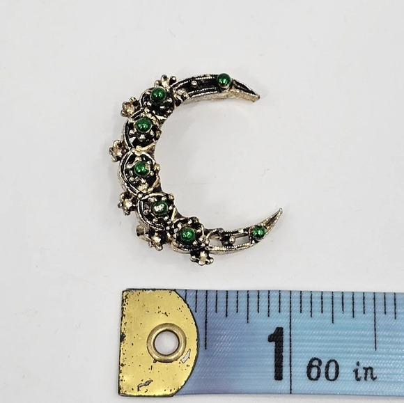 Vintage Signed Gerry Weber Crescent Moon Brooch Pin Gold Tone Green Enamel - Picture 5 of 5